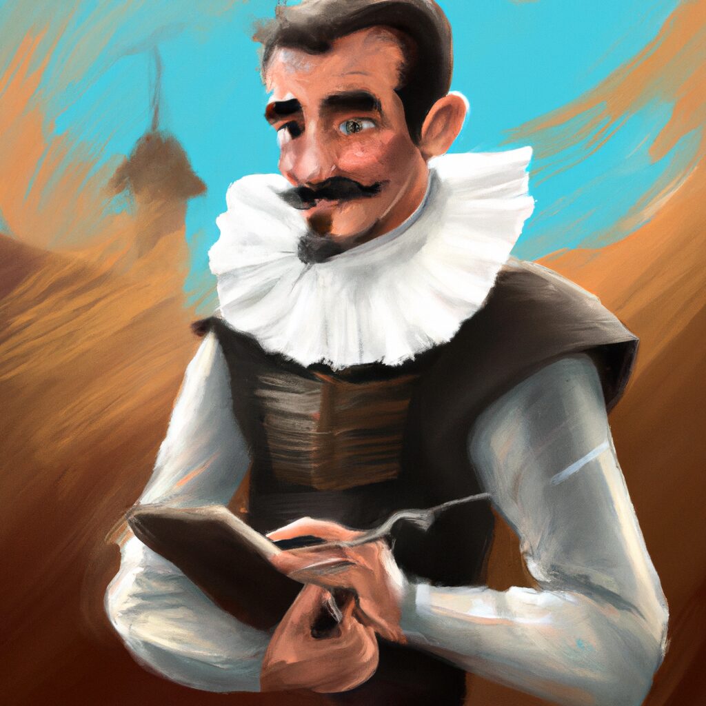 Desenho de uma pessoa lendo um livro sobreMiguel de Cervantes