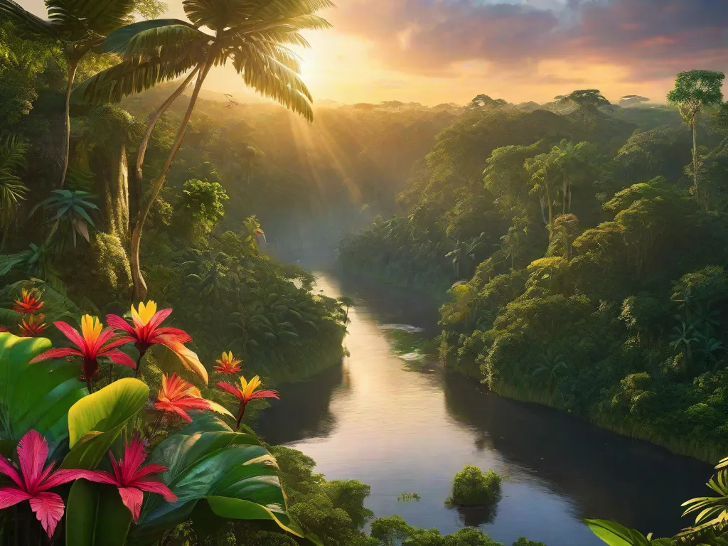 Descrição: Uma imagem vibrante da floresta amazônica ao amanhecer, com raios de luz dourada filtrando através da densa copa das árvores. Árvores verdes exuberantes e flores tropicais coloridas cercam um rio sinuoso, refletindo a beleza deslumbrante da prosa e poesia de Dalcídio Jurandir inspiradas pela Amaz