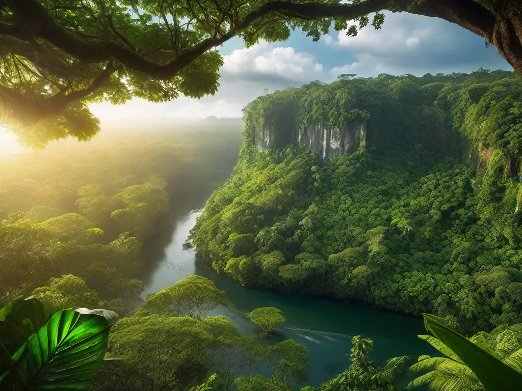 Descrição: Uma imagem vibrante da floresta amazônica, com árvores altas alcançando o céu e uma exuberante vegetação verde cobrindo o chão. A luz do sol atravessa o denso dossel, lançando sombras pontilhadas no chão da floresta. A cena transmite uma sensação de tranquilidade e beleza impressionante, capturando a essência da prosa e po