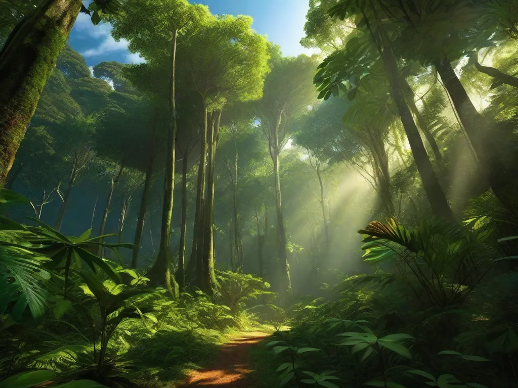 Descrição: Uma imagem vibrante da floresta amazônica, com árvores altas alcançando o céu e uma exuberante vegetação verde cobrindo o chão. A luz do sol atravessa o denso dossel, lançando sombras pontilhadas no chão da floresta. A cena transmite uma sensação de tranquilidade e beleza impressionante, capturando a essência da prosa e po