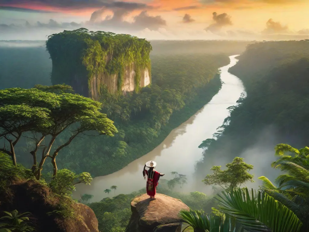 Uma imagem vibrante de uma exuberante floresta amazônica, com árvores imponentes e um rio sinuoso, serve como pano de fundo para uma figura solitária em pé em um penhasco. A pessoa, vestida com trajes indígenas tradicionais, contempla o horizonte, capturando a essência da poesia indianista de Gonçalves Dias.