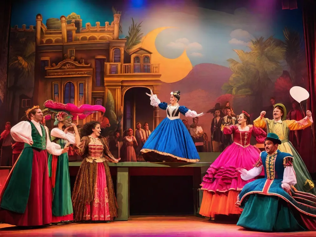 Uma imagem vibrante de um palco adornado com adereços e figurinos coloridos, retratando os personagens icônicos da renomada peça 