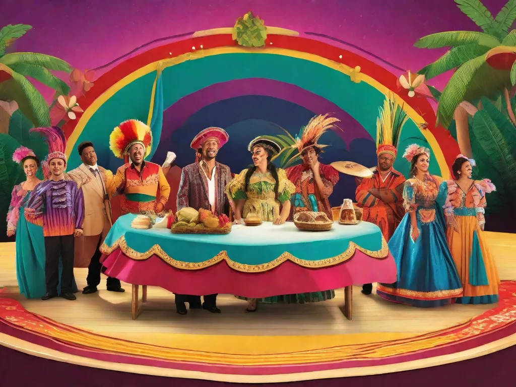 Descrição da imagem: Um cenário vibrante e colorido, com atores vestidos com trajes tradicionais do Nordeste brasileiro, interpretando uma cena da peça 