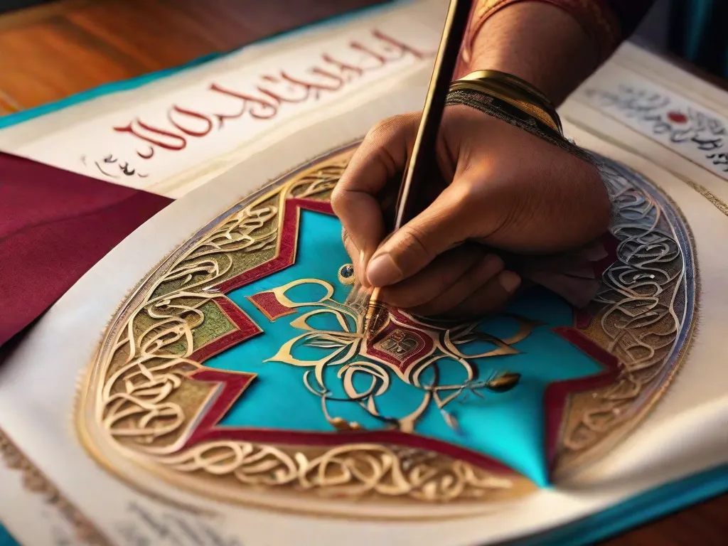 Uma imagem em close-up de uma peça de caligrafia árabe intricadamente projetada, mostrando a beleza e a arte da poesia árabe. As curvas elegantes e os traços das letras evocam um senso de mistério e riqueza cultural, simbolizando a profunda influência da poesia árabe na cultura ocidental.