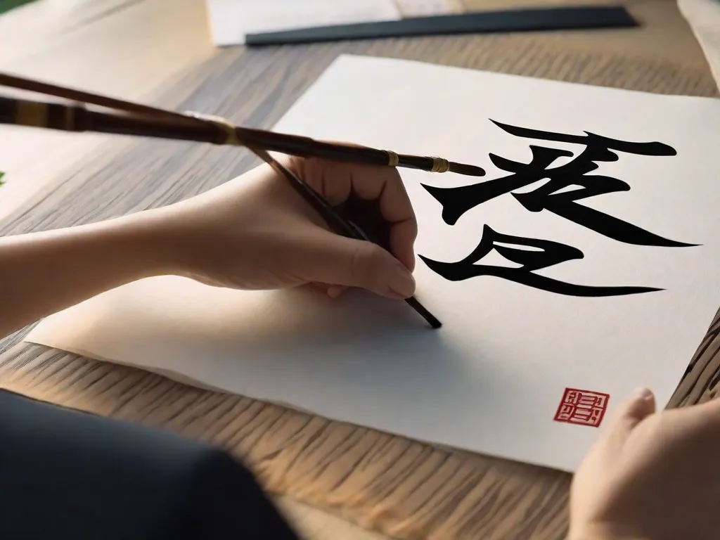 Uma imagem em close-up de um traço de pincel de caligrafia chinesa lindamente escrito, mostrando a elegância e complexidade dos caracteres. A tinta se mistura perfeitamente com o papel, refletindo a rica história e significado cultural da caligrafia chinesa em capturar a essência da história da China.