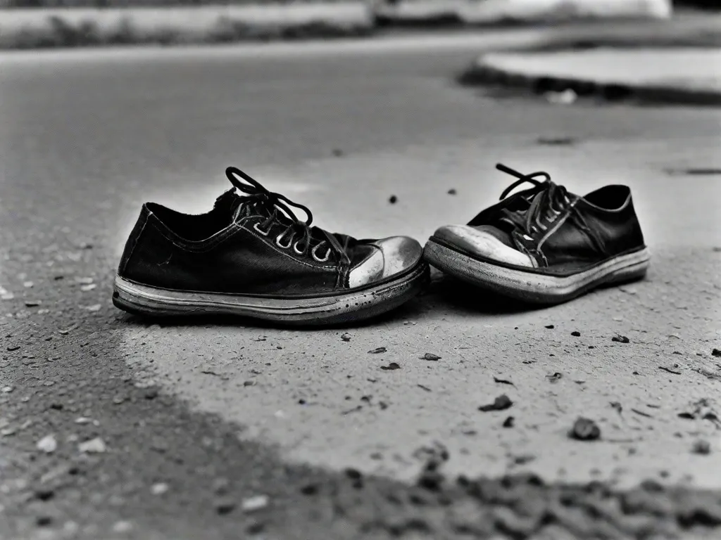 Descrição da imagem:
Uma fotografia em preto e branco de um par de sapatos desgastados deitados em uma rua empoeirada. Os sapatos simbolizam as dificuldades e lutas enfrentadas pelos personagens em 