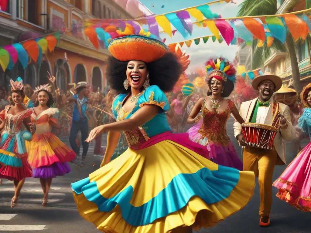 Descrição da imagem: Um colorido desfile de carnaval com pessoas vestindo trajes vibrantes, dançando e tocando instrumentos musicais. O ambiente está cheio de alegria e risos, enquanto ao fundo, há sinais de desigualdade social e corrupção política. Essa imagem representa a fusão de humor e crítica social nas crônicas brasileiras.