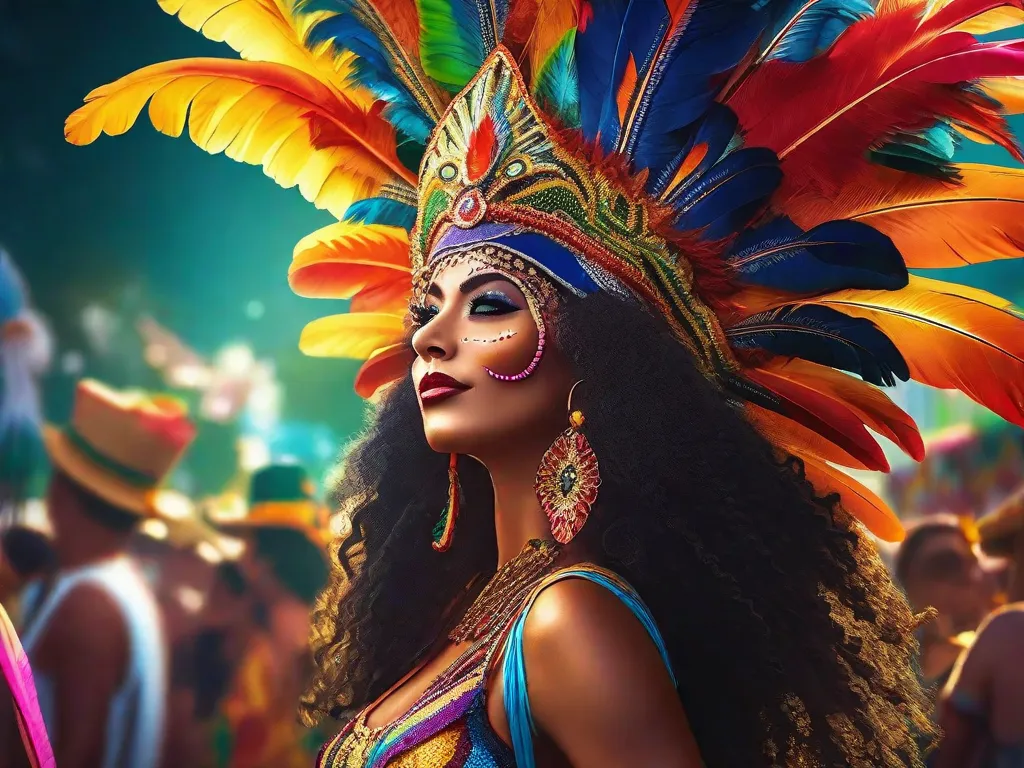 Descrição da imagem: Um vibrante e colorido desfile de carnaval no Brasil, com pessoas vestidas com trajes elaborados e cocares de penas. A imagem captura a energia e a diversidade da cultura brasileira, mostrando a rica herança e identidade coletiva do país.