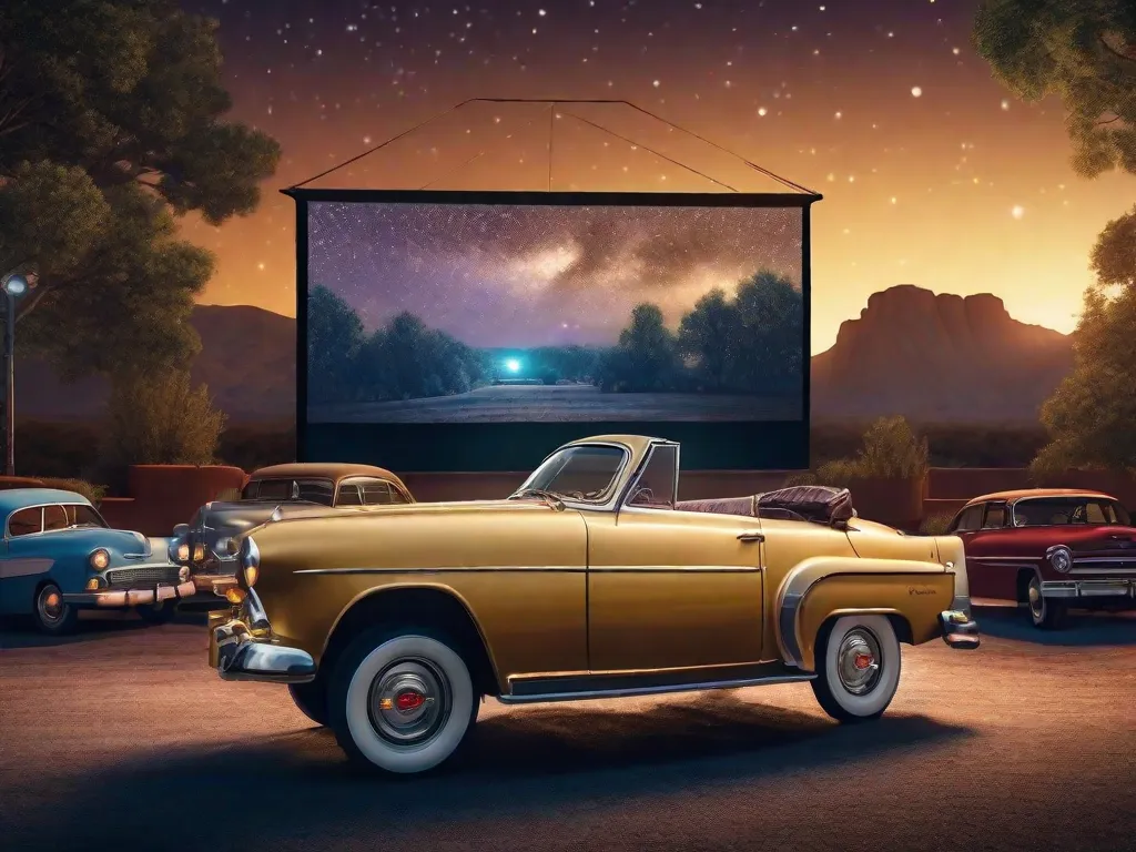 Um carro antigo estacionado em frente a uma grande tela de cinema ao ar livre, com um pano de fundo de um céu estrelado. Os faróis do carro iluminam a cena, criando uma atmosfera nostálgica e mágica, reminiscente da era de ouro dos cinemas drive-in.
