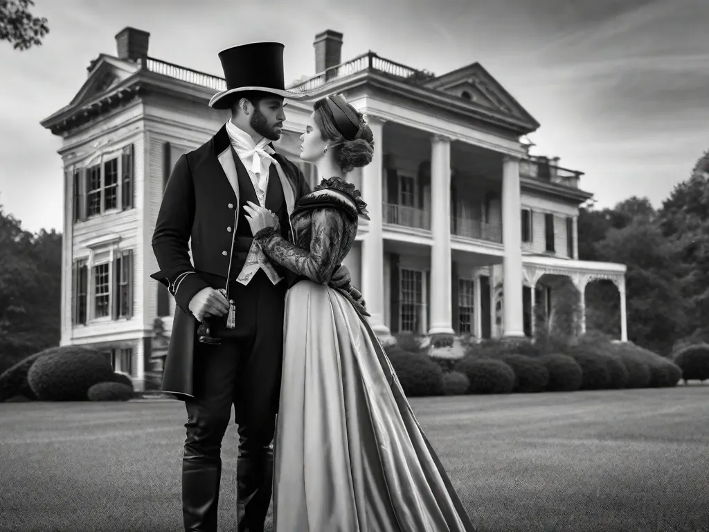 Uma fotografia em preto e branco de um casal vestido com trajes elegantes do século XIX, em pé na frente de uma mansão imponente no estilo colonial. Eles estão envolvidos em um abraço apaixonado, capturando a essência de uma era passada e o encanto atemporal dos romances históricos.