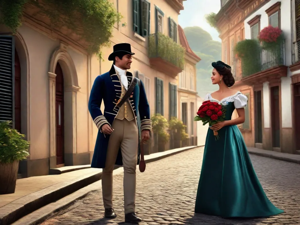 Na imagem, um casal vestido com trajes elegantes do século XIX está em uma rua colonial lindamente preservada. O homem segura um buquê de rosas, enquanto a mulher o olha com um sorriso. O cenário mostra prédios históricos, nos transportando de volta no tempo para reviver o romance do passado do Brasil.