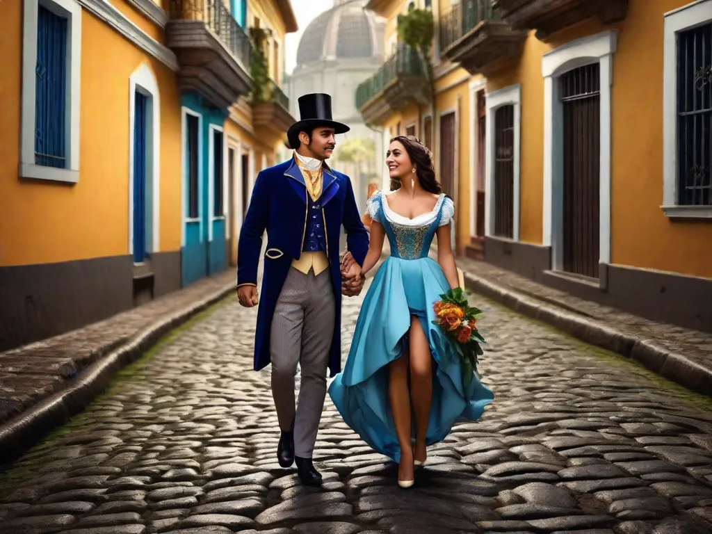 Na imagem, um casal vestido com trajes elegantes do século XIX está em uma rua colonial lindamente preservada. O homem segura um buquê de rosas, enquanto a mulher o olha com um sorriso. O cenário mostra prédios históricos, nos transportando de volta no tempo para reviver o romance do passado do Brasil.