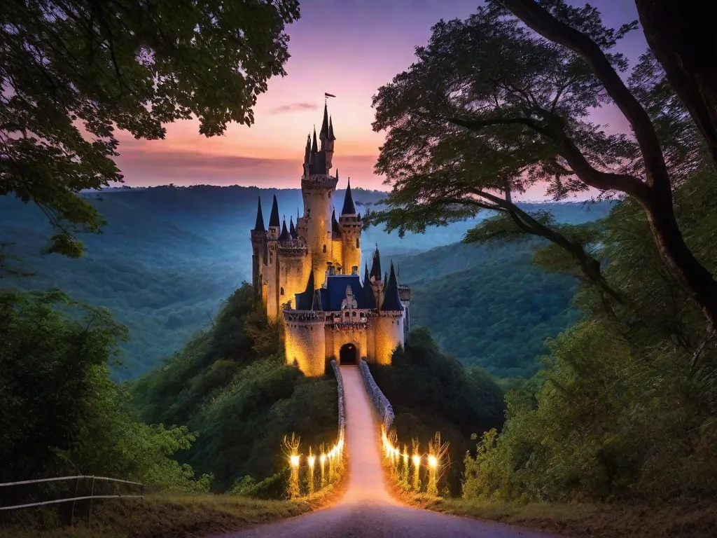 A imagem retrata um castelo imponente, rodeado por uma floresta densa. A lua brilha intensamente no céu, iluminando o caminho até a entrada do castelo. Ao redor, há árvores mágicas com folhas cintilantes e criaturas encantadoras como fadas e unicórnios, criando um ambiente místico e fascinante.