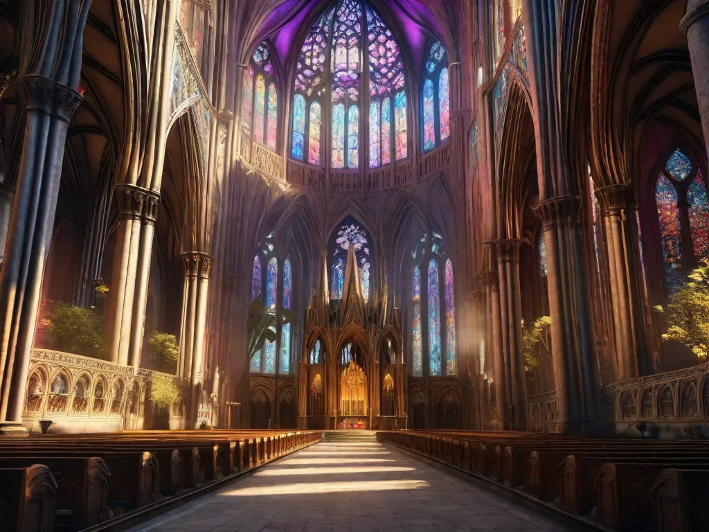 Contemple a magnificência da arquitetura gótica e suas catedrais. Imagine uma catedral imponente com entalhes em pedra intricados, janelas altas de vitrais coloridos e uma sensação de grandiosidade que inspira admiração. A luz solar atravessa os vitrais coloridos, iluminando o espaço sagrado abaixo.