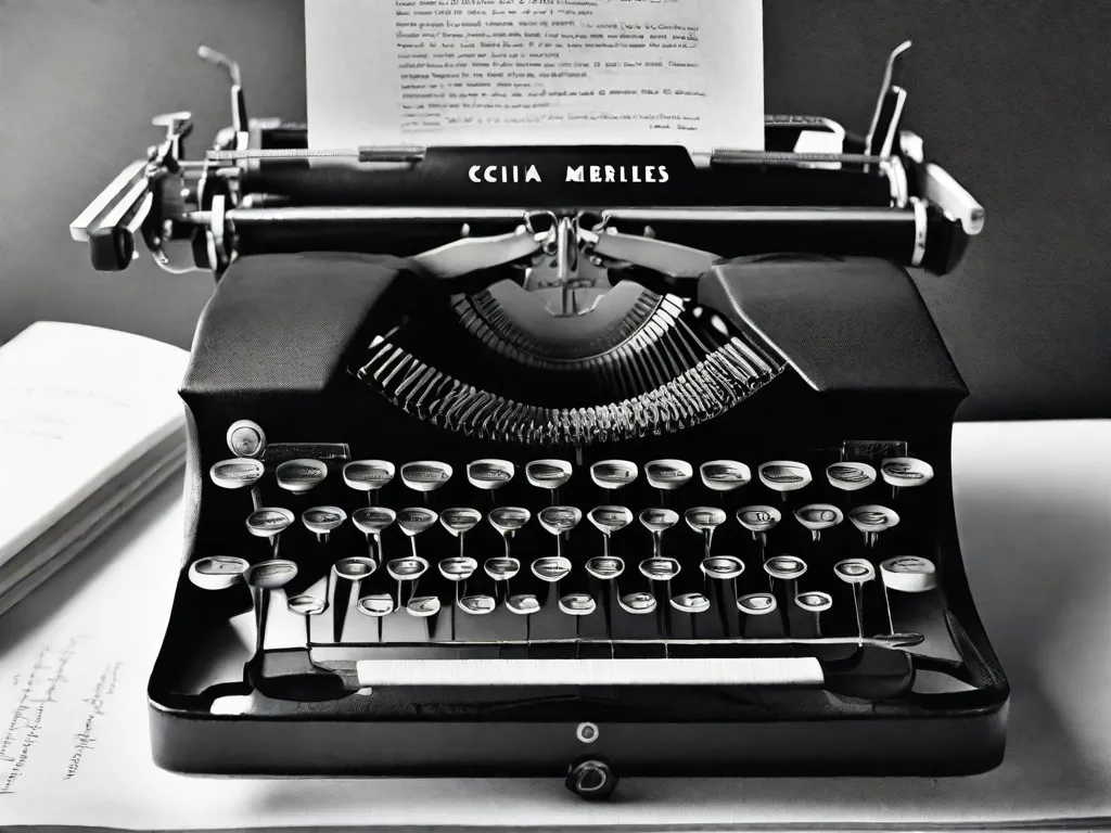Uma fotografia em preto e branco de uma máquina de escrever com uma folha de papel preenchida com poesia delicada e escrita à mão. A imagem captura a essência da sensibilidade lírica e poética de Cecília Meireles, simbolizando sua contribuição atemporal para a literatura brasileira.
