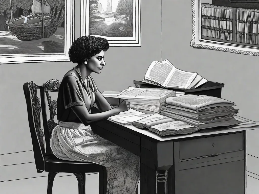 Uma fotografia em preto e branco de Cecília Meireles, uma renomada poetisa brasileira, sentada em sua escrivaninha. A imagem captura-a profundamente pensativa, rodeada de livros e papéis, enquanto ela escreve seus versos poderosos que moldaram o cenário da poesia feminista brasileira.