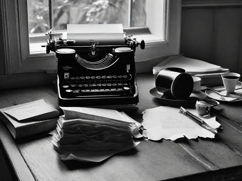 Uma fotografia em preto e branco de uma máquina de escrever em uma mesa de madeira, cercada por papéis amassados e uma xícara de café. A imagem captura a essência da poesia de Cecília Meireles, retratando a solidão e a introspecção que sua escrita profunda e lírica evoca.