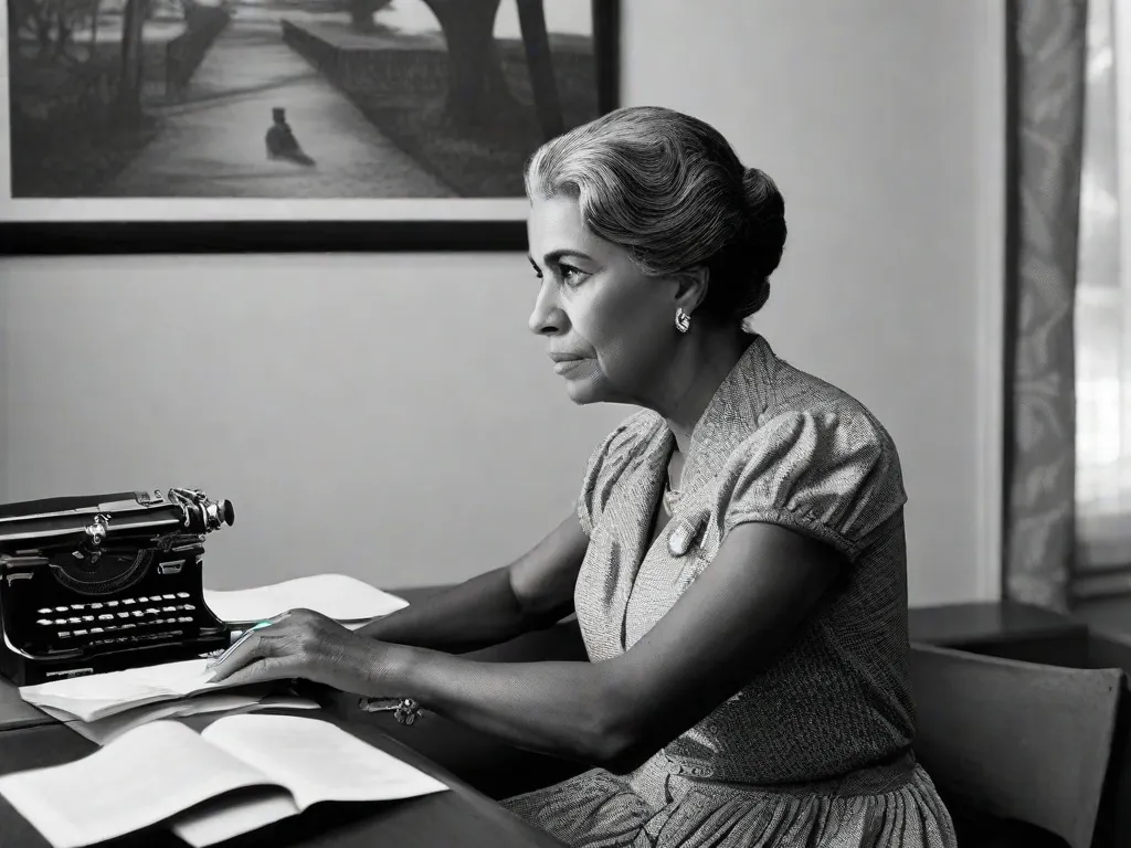 Uma fotografia em preto e branco de Cecília Meireles, uma renomada poetisa brasileira, sentada em uma mesa com uma máquina de escrever. Suas mãos repousam delicadamente nas teclas enquanto ela contempla sua próxima linha de poesia. A imagem captura a essência de seu papel influente na formação da poesia feminista brasileira.
