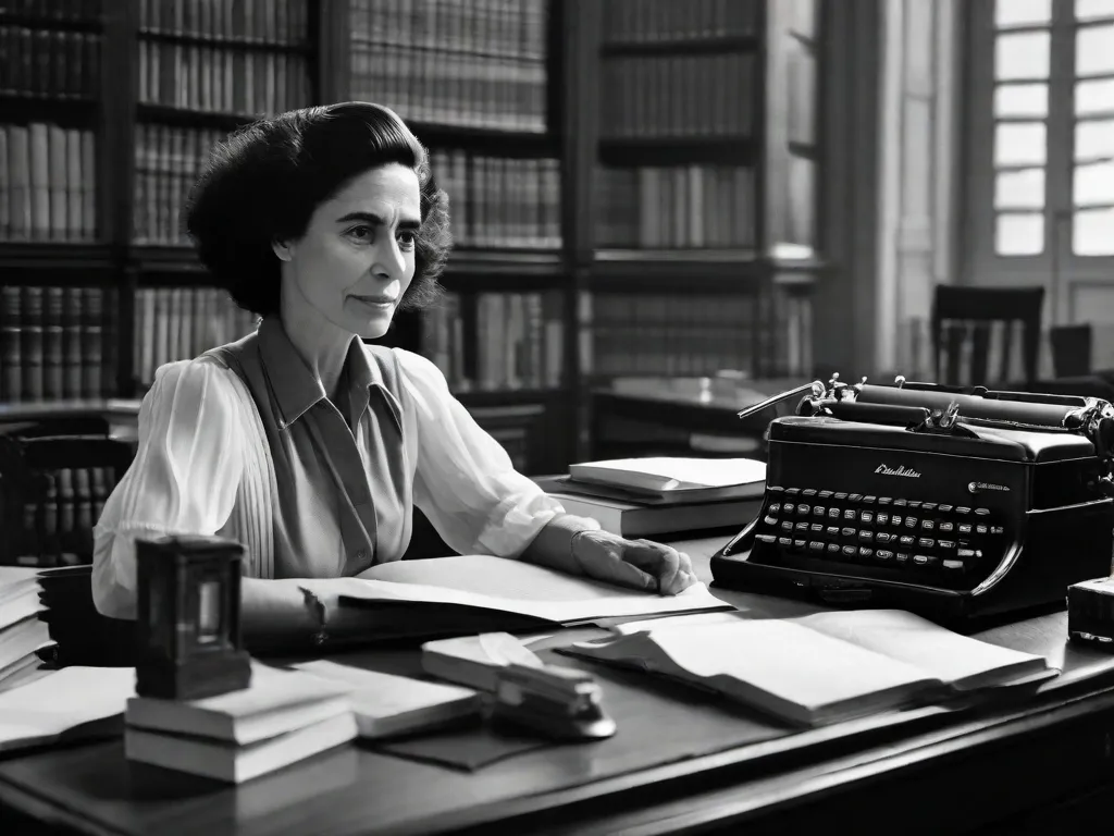 Uma fotografia em preto e branco de Cecília Meireles, uma renomada poeta brasileira, sentada em uma mesa com uma máquina de escrever. Ela está pensativa, cercada por livros e papéis, personificando a essência da poesia, da educação e da força das mulheres.
