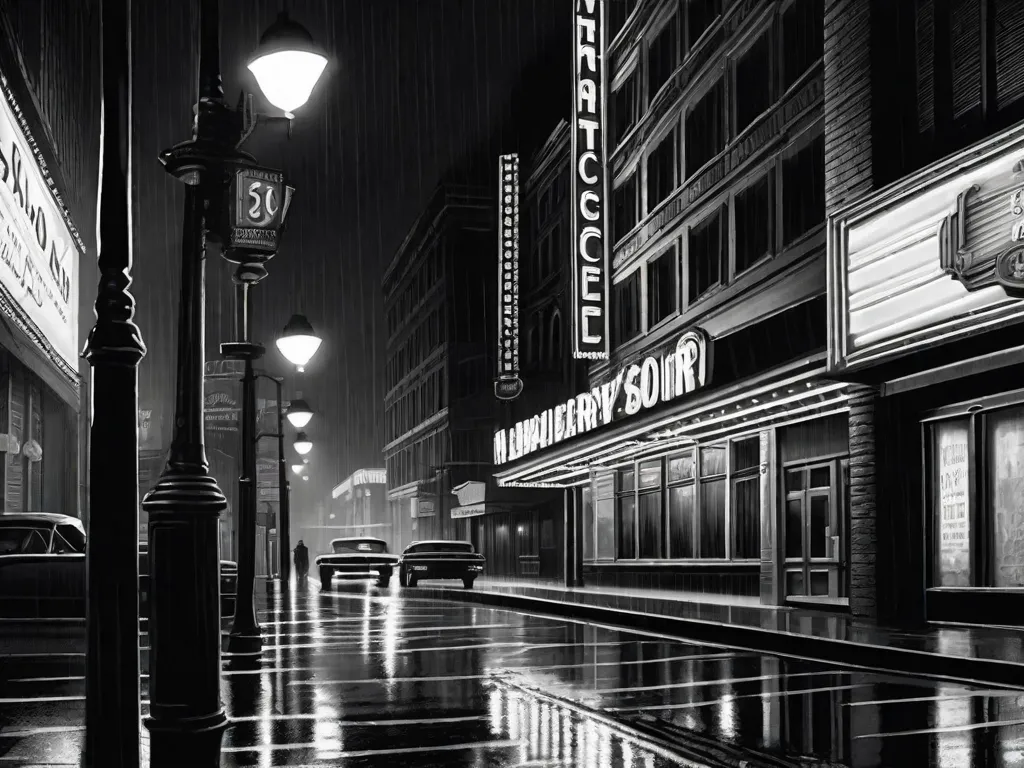 Uma imagem em preto e branco de uma rua da cidade pouco iluminada à noite, com o pavimento encharcado refletindo as luzes de néon do letreiro de um cinema. Sombras projetadas por prédios altos criam uma atmosfera de mistério e intriga, capturando a essência do gênero film noir e seu impacto na indústria cinematográfica.