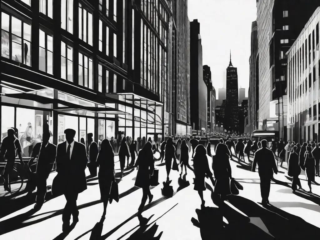 Descrição: Uma fotografia em preto e branco de uma movimentada rua da cidade ao anoitecer. As pessoas estão correndo em diferentes direções, suas silhuetas se misturando com as sombras. A rua é ladeada por prédios altos, suas janelas iluminadas, refletindo a energia vibrante da vida urbana.