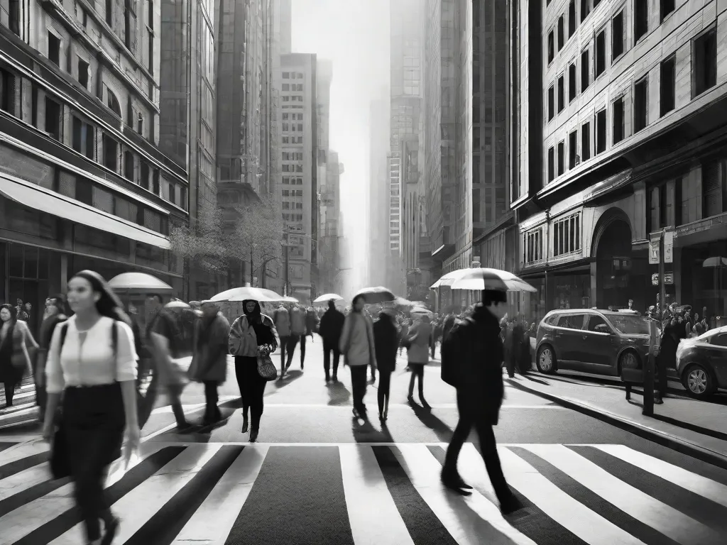 Descrição da imagem: Uma fotografia em preto e branco de uma rua movimentada da cidade. Pedestres são vistos caminhando em diferentes direções, imersos em suas rotinas diárias. Os altos prédios que cercam a rua criam uma sensação de urbanidade e anonimato, refletindo o foco do poeta em capturar a essência da vida cotidiana.