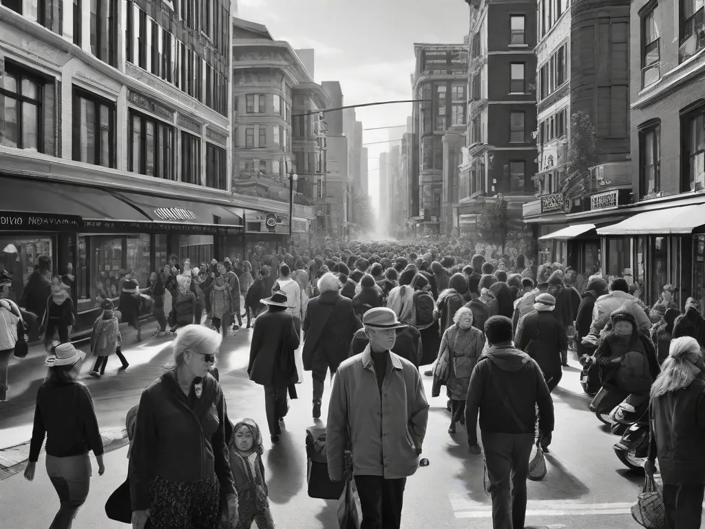 Uma fotografia em preto e branco captura uma movimentada rua da cidade, com pessoas de diferentes idades e origens seguindo suas rotinas diárias. A imagem mostra a energia vibrante da vida urbana, refletindo a essência do modernismo e os momentos mundanos, porém significativos, que compõem nossa existência cotidiana.