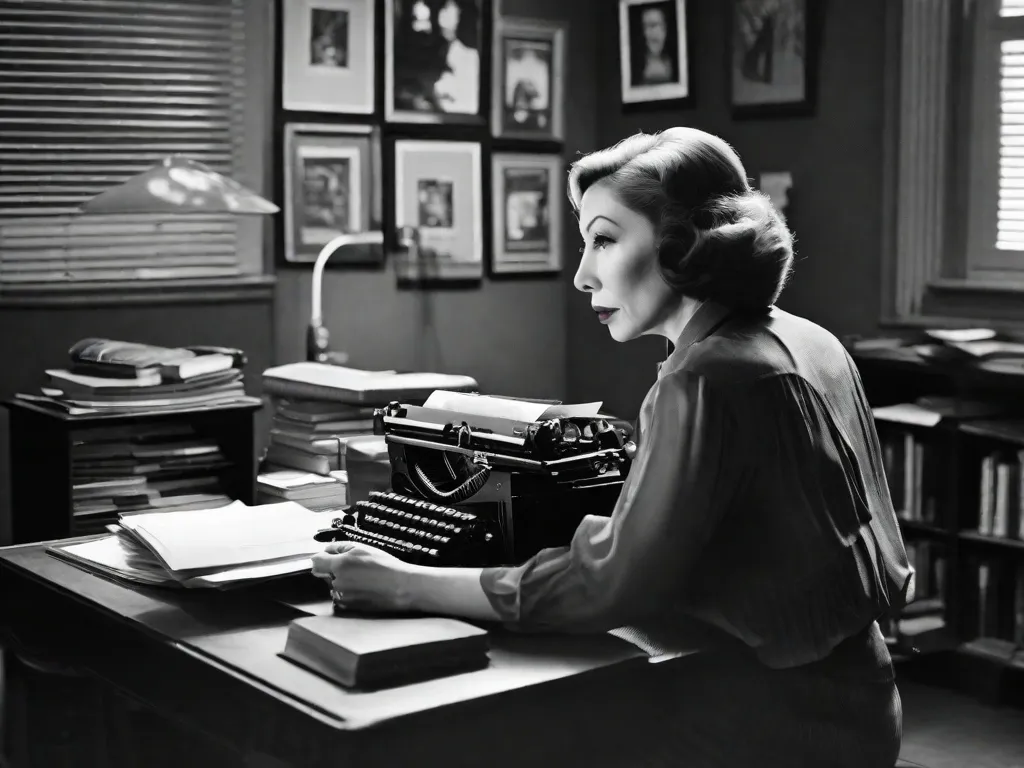 Uma foto em preto e branco de Clarice Lispector sentada em sua escrivaninha, rodeada por papéis espalhados e uma máquina de escrever. Seu olhar intenso captura a profundidade de seus pensamentos, enquanto o ambiente levemente iluminado adiciona um ar de mistério ao seu inovador processo literário.