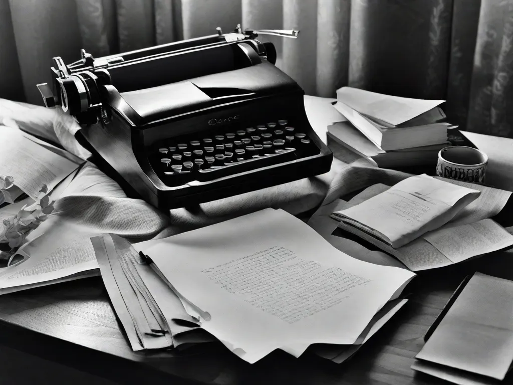 Uma fotografia em preto e branco de uma máquina de escrever, com uma folha de papel amassada ao lado. A imagem captura a essência do processo de escrita de Clarice Lispector, refletindo sua profunda introspecção e os pensamentos crus e não filtrados que ela derramava na página.