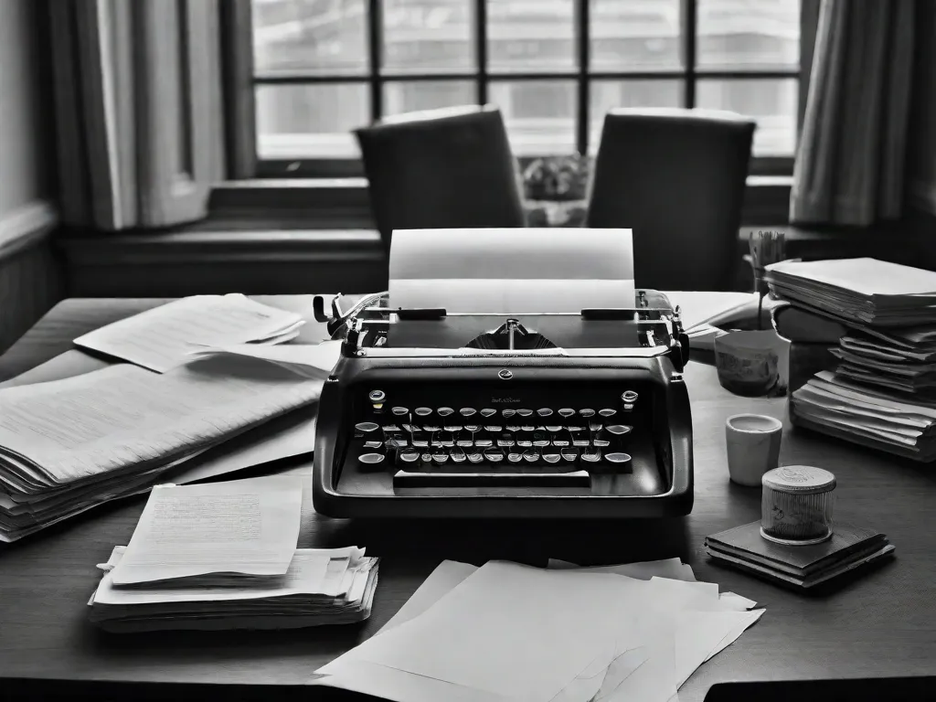 Uma fotografia em preto e branco de uma máquina de escrever em cima de uma mesa de madeira, com uma pilha de papéis amassados ao lado. A imagem captura a essência do processo de escrita de Clarice Lispector, refletindo seu estilo introspectivo e fragmentado, assim como a profundidade e complexidade de seus pensamentos e reflexões.