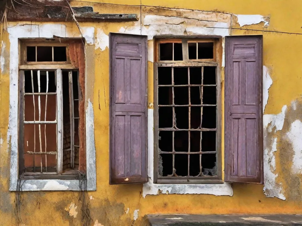 Descrição da imagem: Uma fotografia em close-up de um prédio decadente e abandonado, com tinta descascando e janelas quebradas. A estrutura representa de forma marcante o cenário do romance 