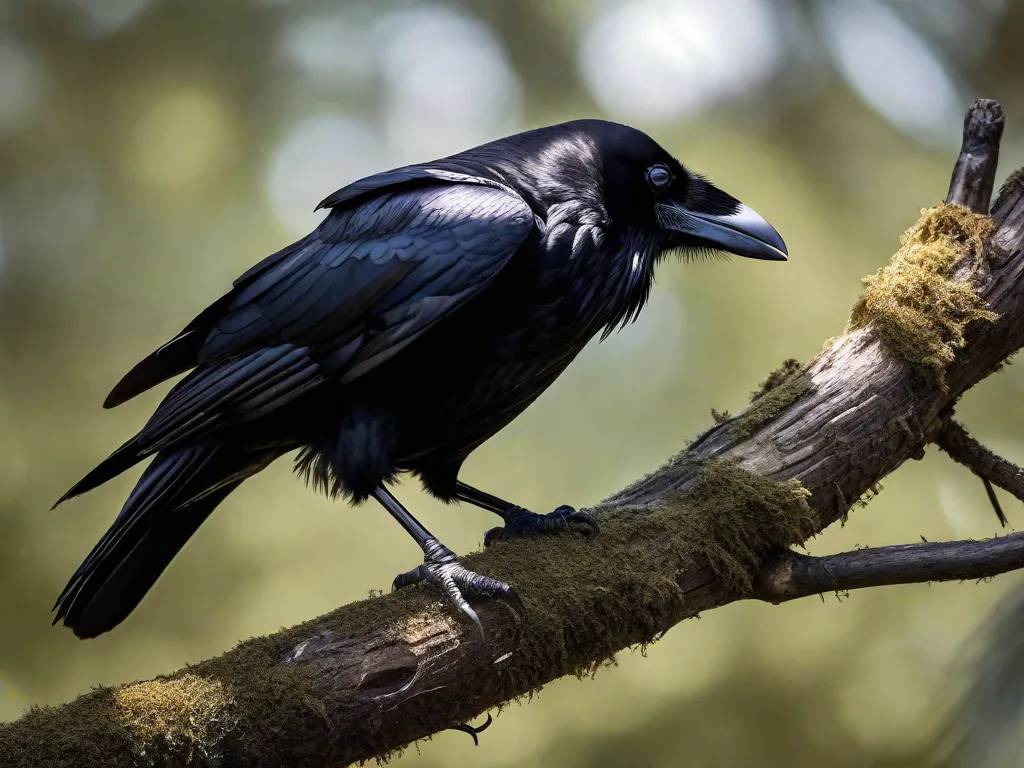Uma fotografia em close-up de um corvo empoleirado em um galho, com suas penas pretas brilhando sob a luz do sol. Os olhos penetrantes e o bico afiado do corvo transmitem um senso de mistério e escuridão, simbolizando os temas psicológicos profundos explorados nas obras de Edgar Allan Poe.