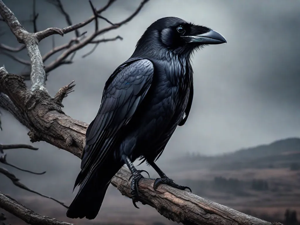 Uma imagem sombria e atmosférica de um corvo pousado em um galho seco de árvore, seus olhos penetrantes encarando diretamente a alma do espectador. O pano de fundo sombrio prepara o palco para explorar as profundezas da psique humana, como retratado nas obras de Edgar Allan Poe.