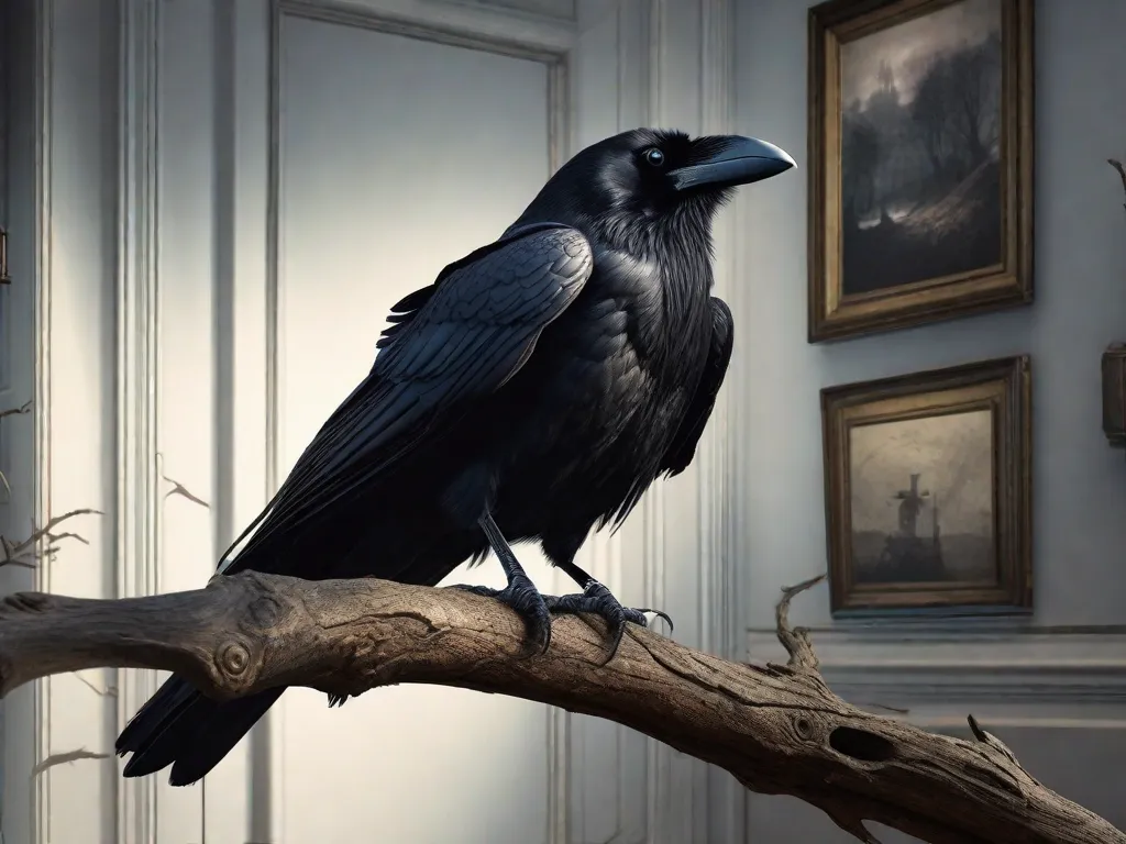 Um corvo negro pousou em um galho seco de uma árvore, seus olhos penetrantes refletindo um vazio assombroso. Ao fundo, um quarto pouco iluminado adornado com artefatos macabros, simbolizando as profundezas da psique humana exploradas nas obras de Edgar Allan Poe.