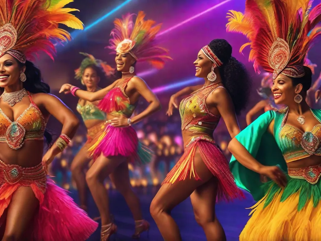 Uma imagem vibrante de um grupo de dançarinos em trajes coloridos, movendo seus corpos graciosamente em sincronia. Suas expressões energéticas e poses dinâmicas mostram a rica história e os estilos diversos da dança brasileira. A imagem captura a essência da paixão e do ritmo que são intrínsecos às formas de dança brasileiras, trazendo a arte à vida.