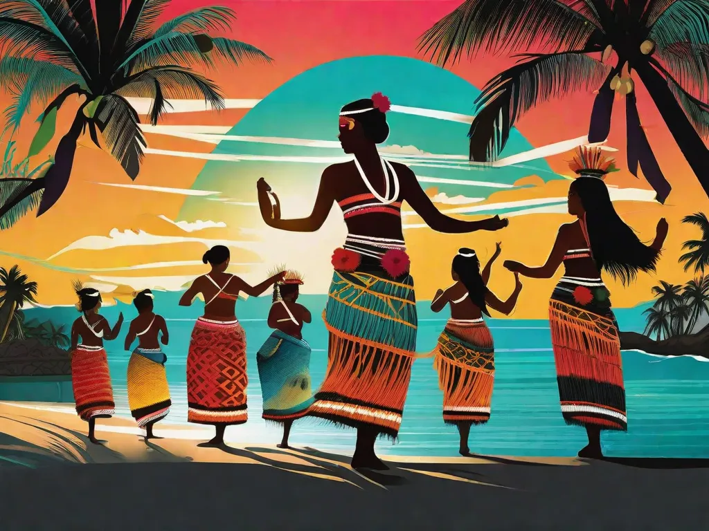 Descrição: Uma imagem vibrante de dançarinos I-Kiribati usando trajes tradicionais, seus corpos adornados com padrões coloridos. Eles se movem graciosamente em sincronia com os ritmos rítmicos dos tambores, exibindo a rica herança cultural do Oceano Pacífico. O cenário apresenta um pôr do sol deslumbrante sobre águas turquesa