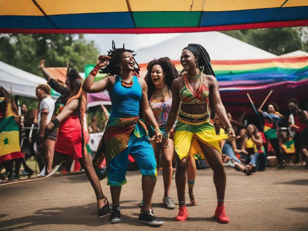 A picture of a group of people dancing to the sound of reggae at an outdoor festival. The vibrant colors of their clothes and the contagious energy of their movements capture the essence of reggae's cultural influence, conveying a sense of freedom and unity.