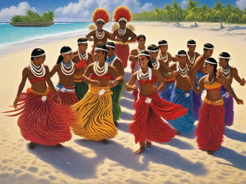 Descrição: Uma imagem vibrante mostrando um grupo de pessoas I-Kiribati vestidas com trajes tradicionais, realizando uma dança hipnotizante em uma praia de areia. Os movimentos graciosos dos dançarinos e os trajes coloridos refletem a rica herança cultural do Oceano Pacífico, convidando os espectadores a se envolverem nessa oportunidade única de vivenciar as antig