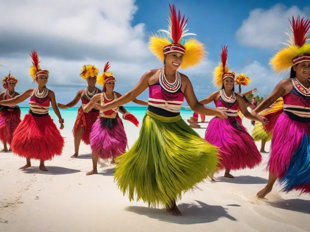 Uma imagem vibrante de um grupo de pessoas I-Kiribati vestidas com trajes tradicionais, realizando uma dança hipnotizante nas areias de Kiribati. Os movimentos graciosos dos dançarinos e os trajes coloridos refletem a rica herança cultural e a profunda conexão com o Oceano Pacífico que o povo I-Kiribati orgulhosamente abraça.