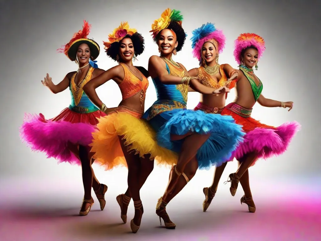 Uma imagem vibrante de um grupo de dançarinos em trajes coloridos, movendo-se graciosamente ao ritmo da música brasileira. Os dançarinos representam diferentes estilos de dança brasileira, como samba, forró e capoeira. Seus movimentos enérgicos e sincronizados capturam a essência da rica história e diversidade da dança brasileira.