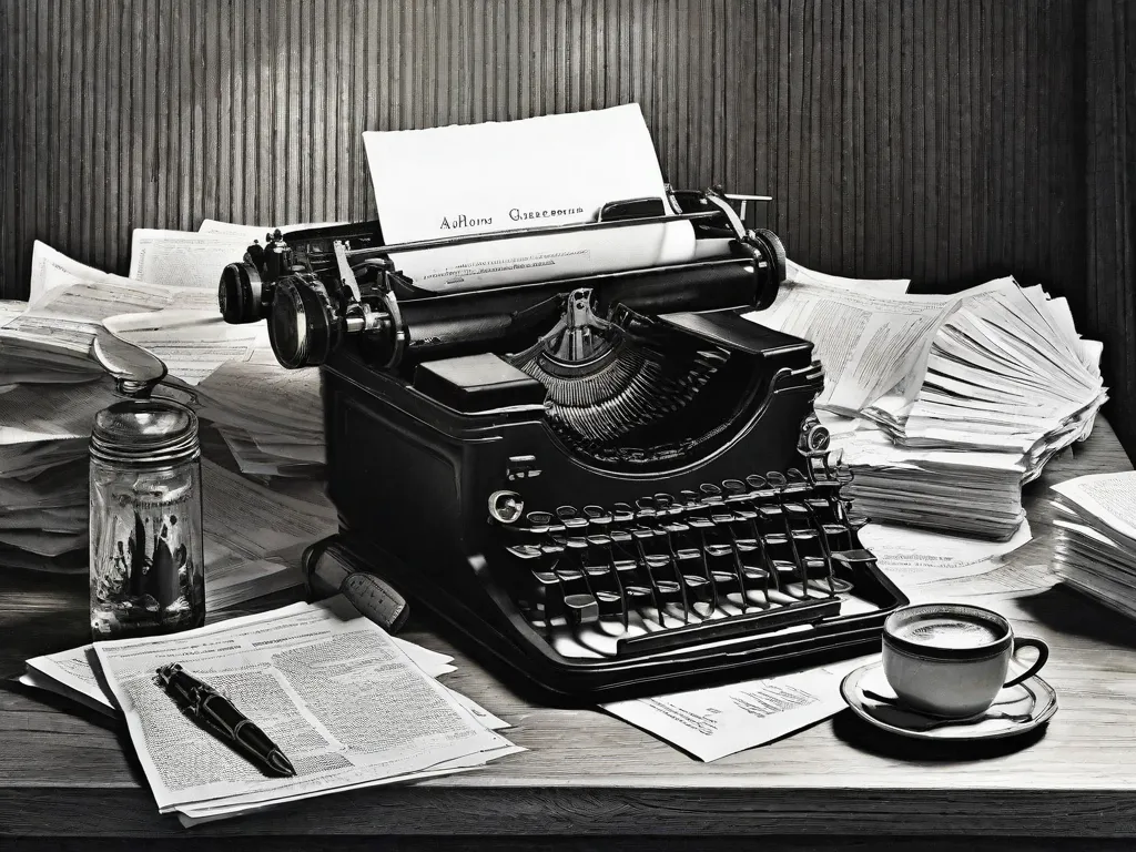 Descrição da imagem: Uma fotografia em preto e branco de uma sala com pouca iluminação, com uma máquina de escrever colocada em uma escrivaninha de madeira. A máquina de escrever está cercada por folhas de papel espalhadas, frascos de tinta e uma xícara de café. A sala está cheia de uma atmosfera de criatividade e contemplação, capturando a ess