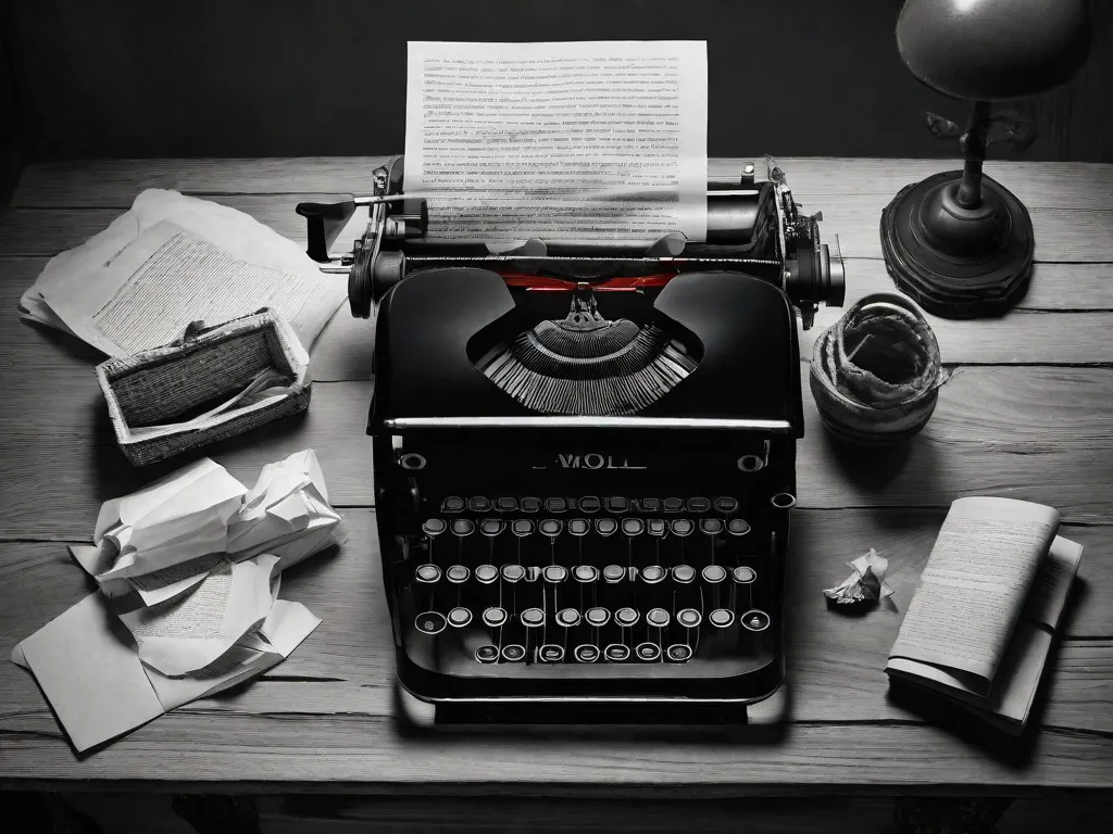Uma fotografia em preto e branco de uma máquina de escrever em uma mesa de madeira, cercada por pedaços amassados de papel. O quarto pouco iluminado cria uma atmosfera de solidão e introspecção, capturando a essência das obras literárias de João Gilberto Noll e sua profunda exploração de temas existenciais.