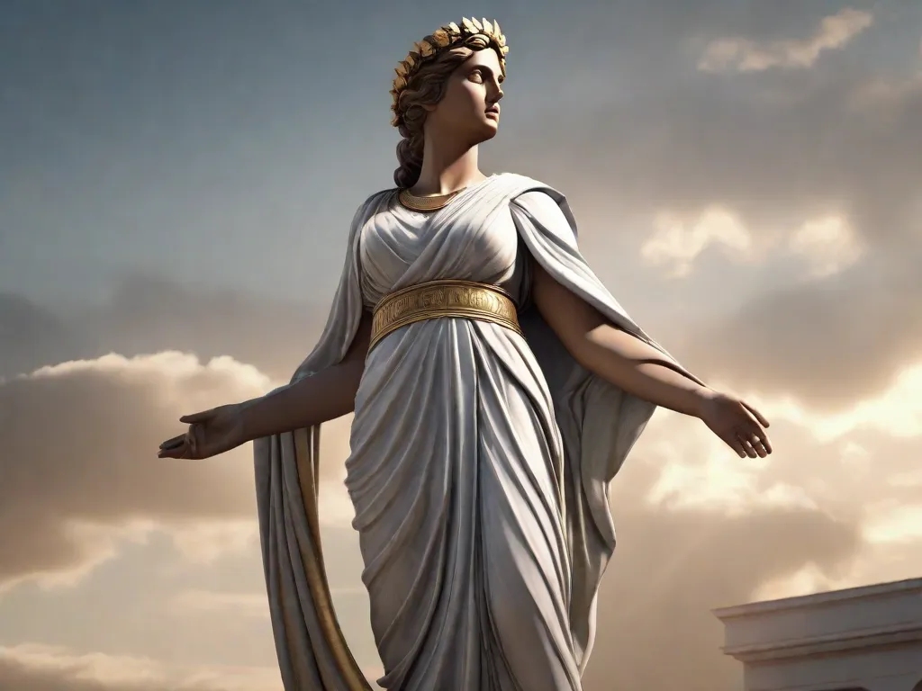 Na imagem, vemos uma escultura grega clássica de uma mulher com uma expressão serena. Seu corpo está envolto em túnicas fluídas, e ela segura uma coroa de louros em uma das mãos. A escultura representa sabedoria e vitória, simbolizando os ideais da civilização grega antiga.