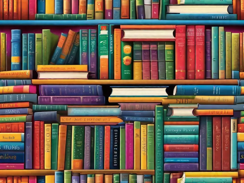 Descrição da imagem: Uma estante vibrante cheia de livros de autoajuda em uma variedade de cores e tamanhos. Os livros estão arrumados de forma organizada, exibindo títulos como 