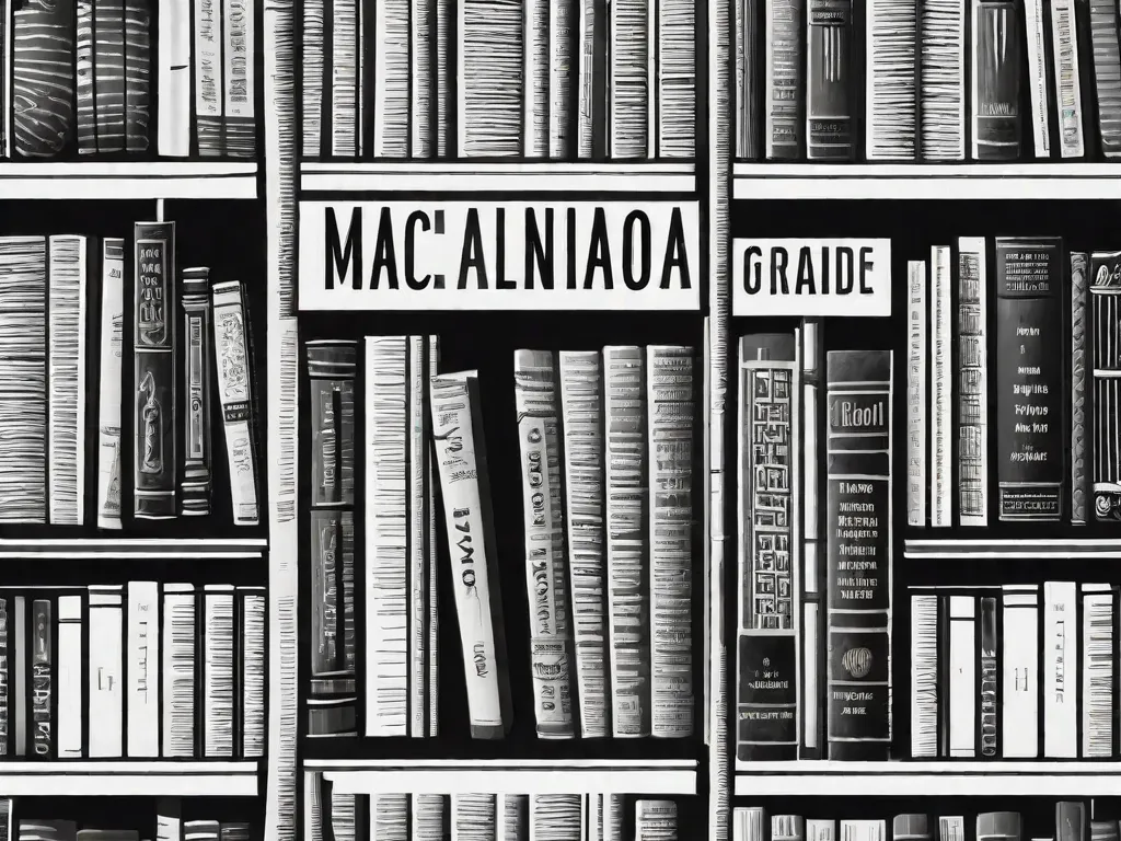 Uma imagem em preto e branco de uma estante de livros repleta de literatura clássica brasileira, mostrando a diversidade e riqueza do patrimônio literário do país. Os títulos vão desde obras icônicas como 