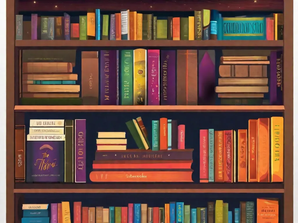 Uma estante de livros vibrante exibindo uma coleção de aclamada literatura brasileira, com títulos como 