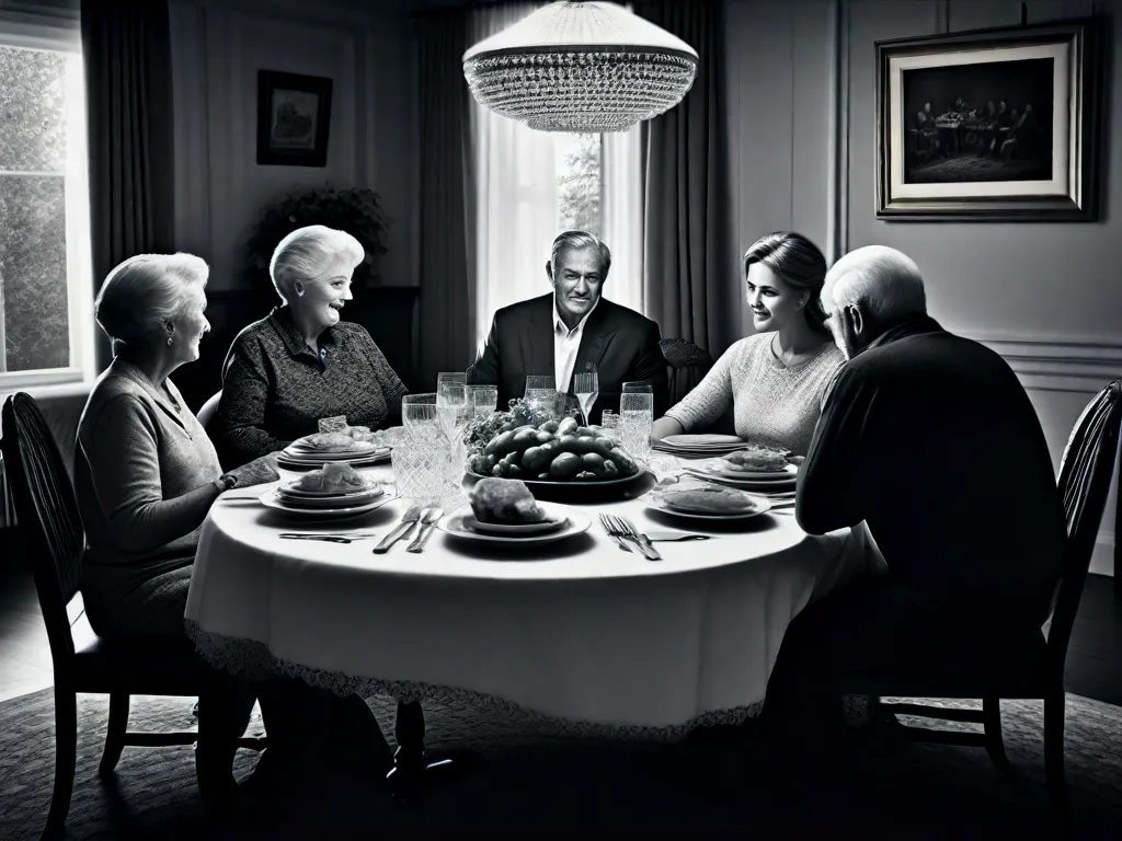 Descrição da imagem: Uma fotografia em preto e branco de uma família reunida ao redor de uma mesa de jantar. Os avós idosos sentam-se na cabeceira, enquanto as gerações mais jovens os cercam, envolvidos em conversas animadas. O ambiente está cheio de calor e nostalgia, refletindo a interligação dos laços familiares e das memórias históricas.