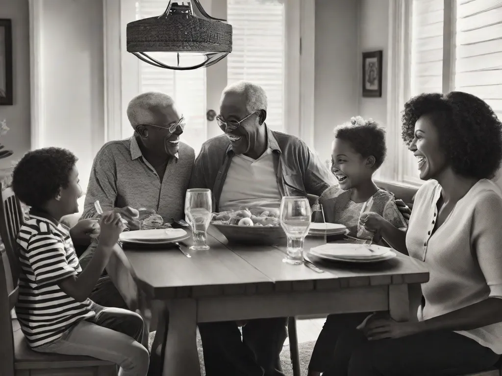 Descrição: Uma fotografia em preto e branco capturando uma família reunida ao redor de uma mesa de jantar, cheia de risadas e conversas. As gerações estão representadas, com avós, pais e filhos adultos compartilhando histórias e memórias. A imagem exala calor e uma sensação de conexão, simbolizando a interligação da família e da história.