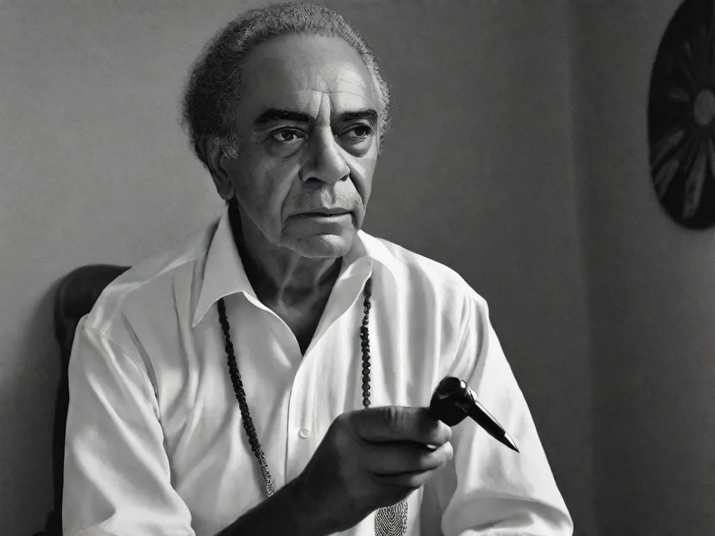 Uma fotografia em preto e branco captura Ferreira Gullar, um proeminente poeta brasileiro, em pé, com uma caneta na mão. A intensidade em seus olhos reflete seu compromisso inabalável tanto com os movimentos poéticos quanto políticos da vanguarda.