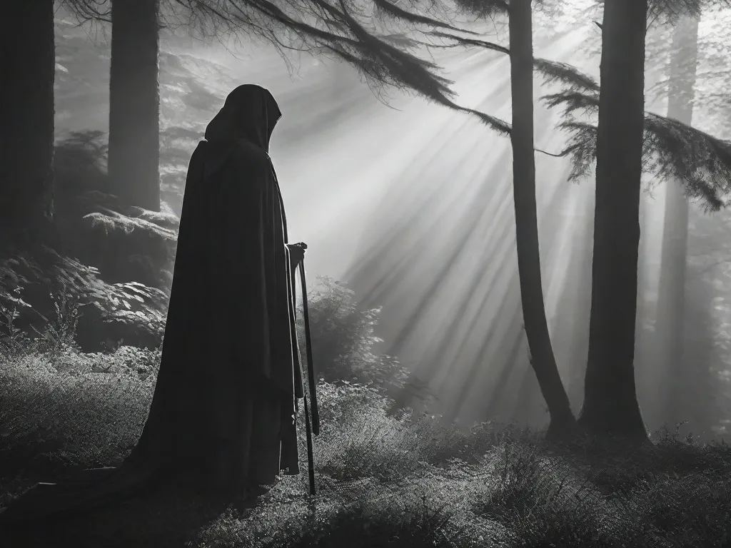 Uma fotografia em preto e branco de uma figura solitária parada à beira de uma floresta coberta de névoa. A pessoa está vestida com túnicas fluidas, seu rosto parcialmente escondido por um véu. Ao fundo, raios de luz etéreos filtram-se pelas árvores densas, criando uma atmosfera de mistério e introspecção.